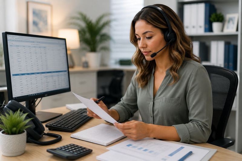 A billing specialist with a headset reviewing claims paperwork
