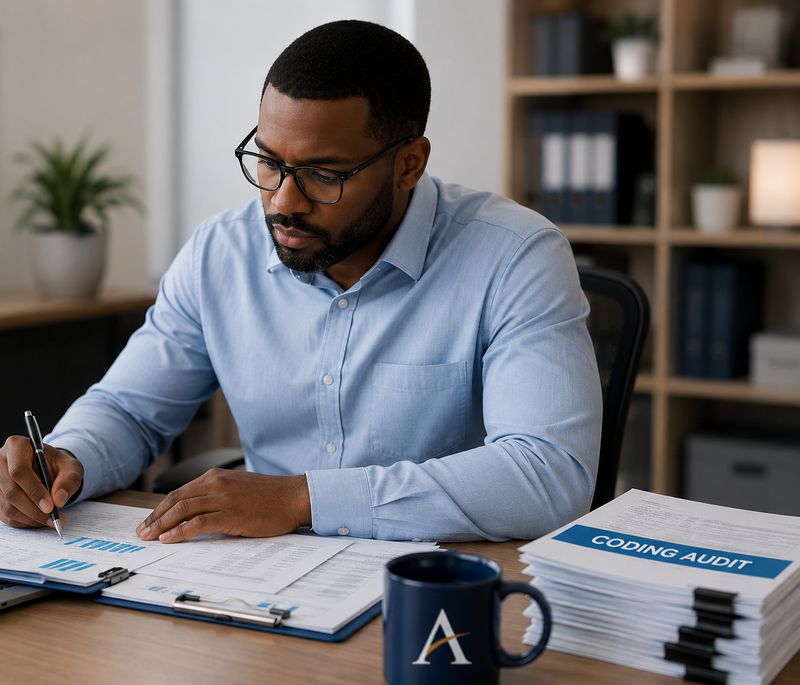 A coding auditor reviewing documentation and audit reports at a desk