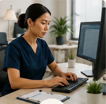 A medical coder in navy scrubs working at a desktop workstation