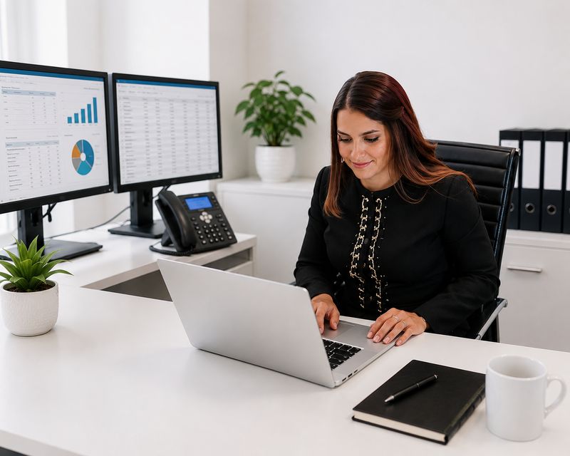 An oncology data specialist working across two data monitors