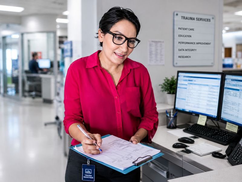 A trauma registrar recording data on a clipboard beside a trauma services board